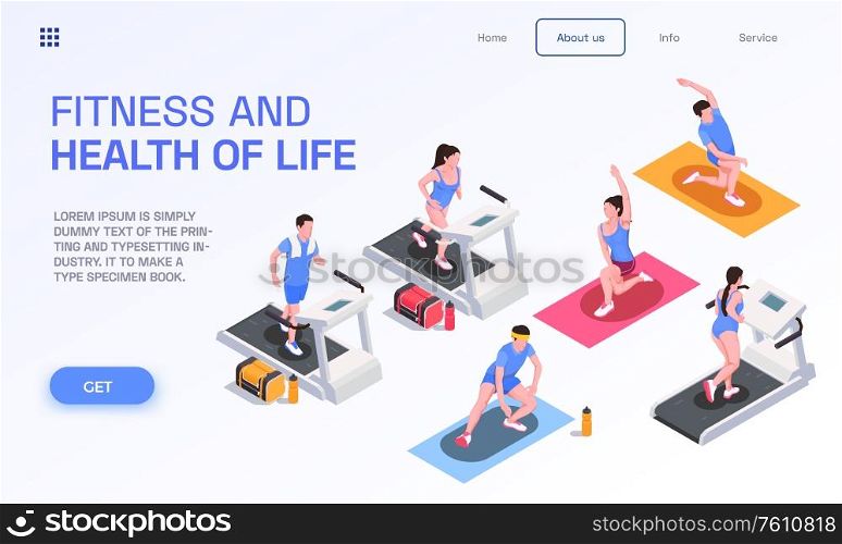 Running people page design with fitness symbols isometric vector illustration. Running People Page Design