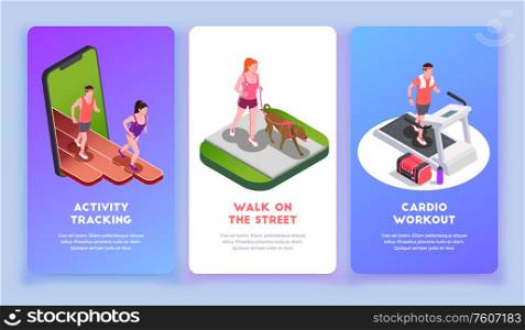 Running people vertical banners set with activity tracking symbols isometric isolated vector illustration