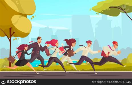 Running people who are late for work at urban skylines background cartoon vector illustration