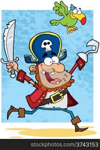 Running Pirate Holding Up A Sword And Hook With Parrot