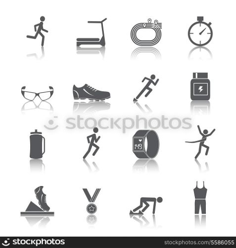 Running race sport activity black silhouette icons set isolated vector illustration