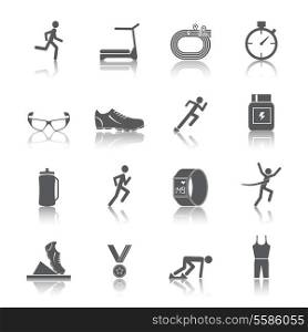 Running race sport activity black silhouette icons set isolated vector illustration