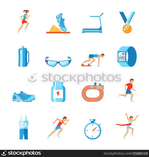 Running race sport activity flat set of fitness clothes shoes and runner icons isolated vector illustration