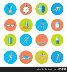 Running race sport activity round buttons icons set isolated vector illustration