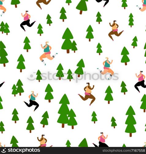 Running seamless pattern with girls in forest park. Illustration of run woman in park. Running seamless pattern with girls in forest park