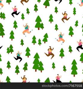 Running seamless pattern with girls in forest park. Illustration of run woman in park. Running seamless pattern with girls in forest park