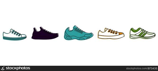 Running shoes icon set. Color outline set of running shoes vector icons for web design isolated on white background. Running shoes icon set, color outline style