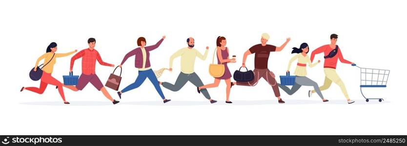 Running shopping people. Cartoon characters with shopping cart and basket, shopping bag. Vector illustration. Man and woman hurrying to purchase on sale, buying goods with discount. Running shopping people. Cartoon characters with shopping cart and basket, shopping bag. Vector illustration