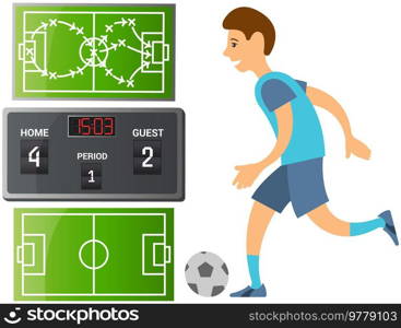 Running soccer player. Football cartoon player in blue jersey running with ball on playing field isolated man sport player sportsman in sports uniform. Guy plays football, kicks ball and scores goal. Running soccer player. Football cartoon player in blue jersey running with ball side view