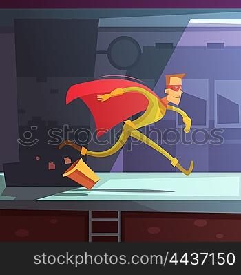 Running Superhero Illustration . Superhero running in the street with houses and basket cartoon vector illustration