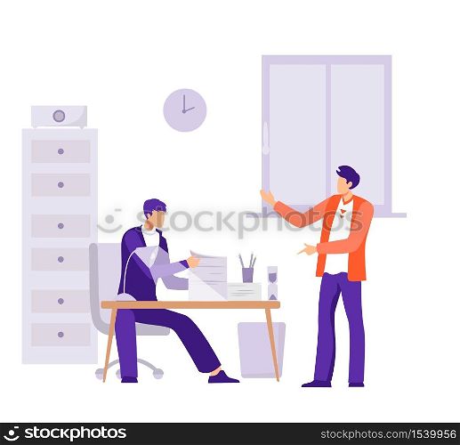 Running time in office Illustration. Character employee does not have time to process report and the boss reminds him of time lost hours of productive vector work.. Running time in office Illustration. Character employee does not have time to process report.
