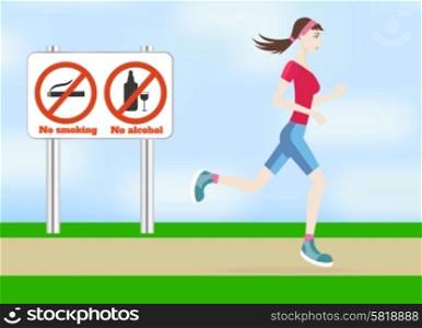 Running woman outdoors in flat design style. Jogging outdoors