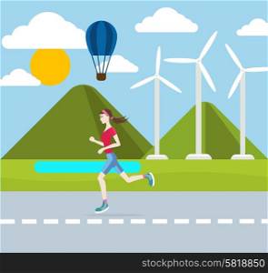 Running woman outdoors in flat design style. Jogging outdoors with wind turbines on background