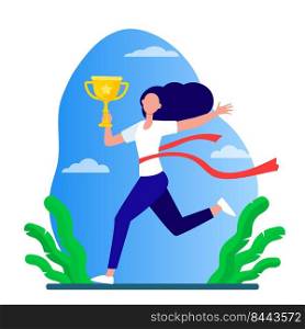 Running woman winning racing. Marathon leader holding cup, crossing line with red ribbon flat vector illustration. Competition, prize, trophy concept for banner, website design or landing web page