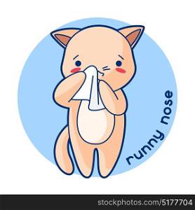 Runny nose sick cute kitten. Illustration of kawaii cat. Runny nose sick cute kitten. Illustration of kawaii cat.