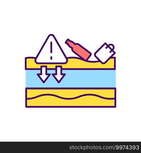 Runoff pollution RGB color icon. Surface water sources protection. Contamination, emissions. Lakes and streams water quality. Industrial activities. Beach clean-up. Isolated vector illustration. Runoff pollution RGB color icon