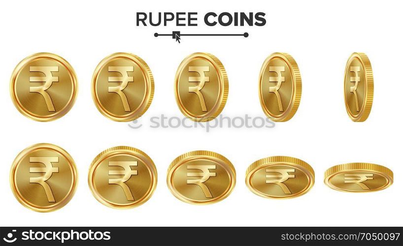 Rupee 3D Gold Coins Vector Set. Realistic Illustration. Flip Different Angles. Money Front Side. Investment Concept. Finance Coin Icons, Sign, Success Banking Cash Symbol. Currency Isolated On White. Rupee 3D Gold Coins Vector Set. Realistic Illustration. Flip Different Angles. Money Front Side. Investment Concept. Finance Coin Icons, Sign, Success Banking Cash Symbol. Currency Isolated