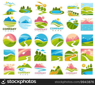 Rural area landscapes and views of nature. Paths and roads, sunshine and summer or spring season. Meadows and hills with green grass, trees and rivers, mountains ranges. Vector in flat style. Landscapes with paths and roads in country area