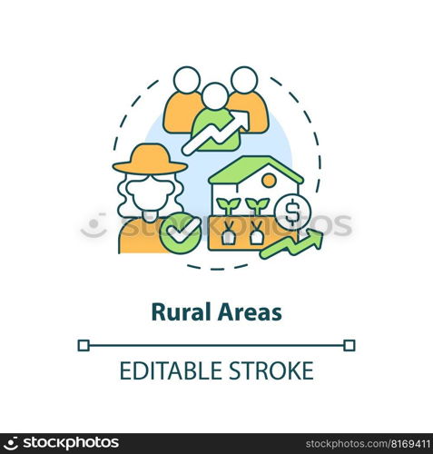 Rural areas concept icon. Jobs, growth and equality. Agriculture policy objective abstract idea thin line illustration. Isolated outline drawing. Editable stroke. Arial, Myriad Pro-Bold fonts used. Rural areas concept icon