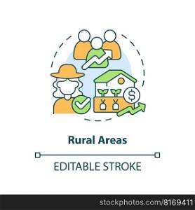 Rural areas concept icon. Jobs, growth and equality. Agriculture policy objective abstract idea thin line illustration. Isolated outline drawing. Editable stroke. Arial, Myriad Pro-Bold fonts used. Rural areas concept icon