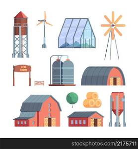 Rural buildings. Farm agricultural collection wooden houses and different professional vehicles warehouse windmill garish vector cartoon set. Farm and ranch, farmhouse windmill and house illustration. Rural buildings. Farm agricultural collection wooden houses and different professional vehicles warehouse windmill garish vector cartoon set