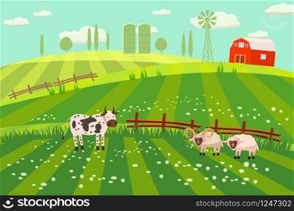 Rural countryside landscape, farmhouse, spring, summer, green meadows fields wildflowers hills. Rural countryside landscape, farmhouse, spring, summer, green meadows, fields, wildflowers, cow, bull, sheep, ram, hills, trees on the horizon, fence, vector, illustration, isolated, cartoon style