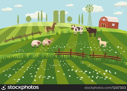 Rural countryside landscape, farmhouse, spring, summer, green meadows fields wildflowers hills. Rural countryside landscape, farmhouse, spring, summer, green meadows, fields, wildflowers, horse, cow, bull, sheep, ram, goat, hills, trees on the horizon, fence, vector, illustration, isolated, cartoon style