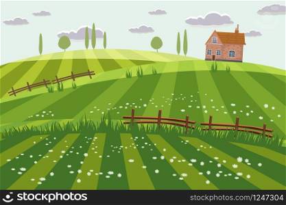 Rural countryside landscape, farmhouse, spring, summer, green meadows fields wildflowers hills. Rural countryside landscape, farmhouse, spring, summer, green meadows, fields, wildflowers, hills, trees on the horizon, fence, vector, illustration, isolated, cartoon style