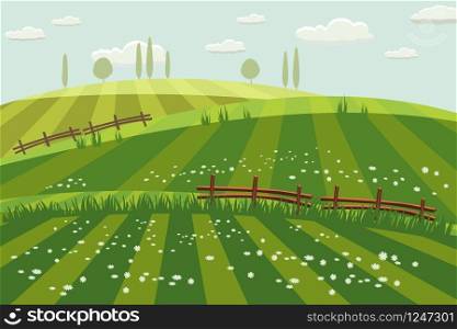 Rural countryside landscape, spring, green meadows, fields wildflowers hills. Rural countryside landscape, spring, green meadows, fields, wildflowers, hills, trees on the horizon, fence, vector, illustration, isolated, cartoon style