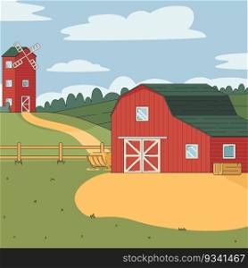 Rural countryside landscape with red farm and barn and mill, cartoon vector illustration.. Rural landscape with red farm and barn and mill