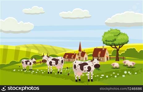 Rural cute farm view, cow, sheep, vector illustration isolated. Rural cute farm view, cow, sheep, vector, illustration, isolated, cartoon style