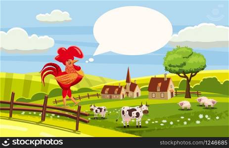 Rural cute farm view, rooster, cow, sheep, cock sitting on a fence, vector, vector illustration isolated. Rural cute farm view, rooster, cow, sheep, cock sitting on a fence, vector, vector illustration, isolated, cartoon style