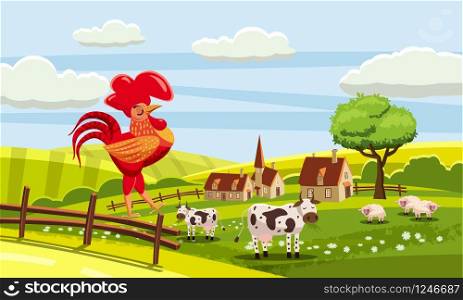 Rural cute farm view, rooster, cow, sheep, cock sitting on a fence, vector, vector illustration isolated. Rural cute farm view, rooster, cow, sheep, cock sitting on a fence, vector, vector illustration, isolated, cartoon style