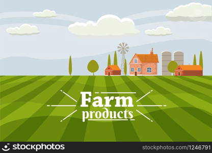 Rural cute landscape with farm. Cartoon style, vector. Rural cute landscape with farm. Cartoon style, vector, isolated