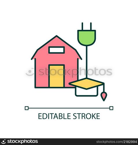 Rural electricity and education RGB color icon. Countryside electrification. Provincial school. Isolated vector illustration. Simple filled line drawing. Editable stroke. Arial font used. Rural electricity and education RGB color icon