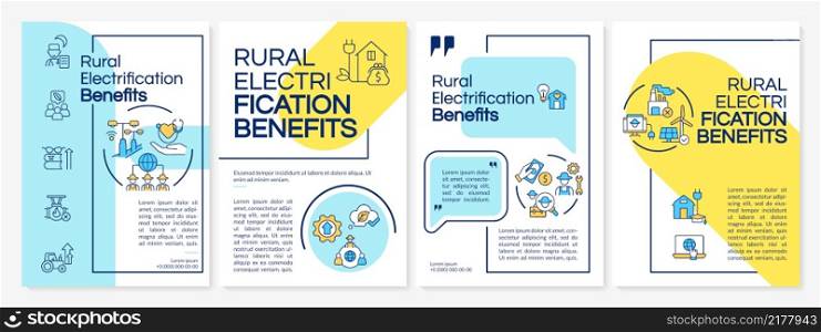 Rural electrification benefits blue, yellow brochure template. Booklet print design with linear icons. Vector layouts for presentation, annual reports, ads. Questrial-Regular, Lato-Regular fonts used. Rural electrification benefits blue, yellow brochure template