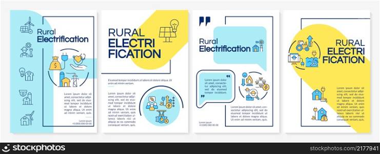 Rural electrification blue and yellow brochure template. Booklet print design with linear icons. Vector layouts for presentation, annual reports, ads. Questrial-Regular, Lato-Regular fonts used. Rural electrification blue and yellow brochure template