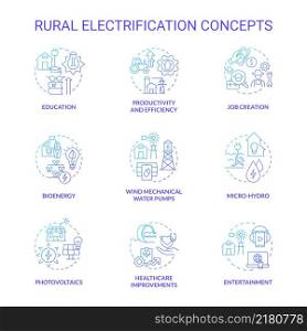 Rural electrification blue gradient concept icons set. Access to electricity and lighting idea thin line color illustrations. Isolated outline drawings. Roboto-Medium, Myriad Pro-Bold fonts used. Rural electrification blue gradient concept icons set