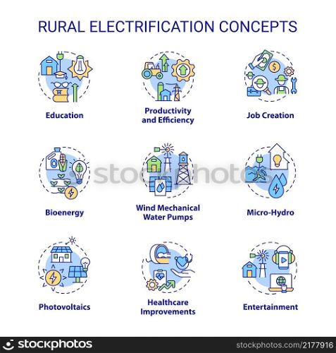 Rural electrification concept icons set. Access to electricity and lighting idea thin line color illustrations. Isolated outline drawings. Editable stroke. Roboto-Medium, Myriad Pro-Bold fonts used. Rural electrification concept icons set