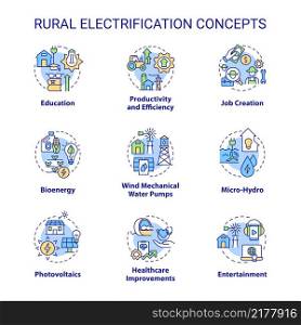 Rural electrification concept icons set. Access to electricity and lighting idea thin line color illustrations. Isolated outline drawings. Editable stroke. Roboto-Medium, Myriad Pro-Bold fonts used. Rural electrification concept icons set