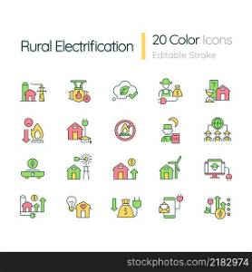 Rural electrification RGB color icons set. Remote areas. Electric power. Isolated vector illustrations. Simple filled line drawings collection. Editable stroke. Quicksand-Light font used. Rural electrification RGB color icons set