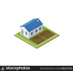 Rural farm in isometric view with trees and garden. Rural farm in