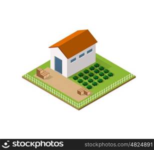 Rural farm in isometric view with trees and garden. Rural farm in isometric