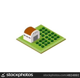 Rural farm in isometric view with trees and garden. Rural farm in isometric