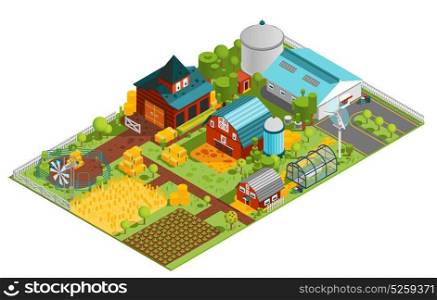 Rural Farm Isometric Composition. Composition of modern farm rural buildings orchard house plantations isometric images with built structures and plants vector illustration