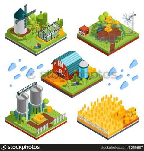Rural Farm Landscape Elements. Farm rural buildings isometric compositions set with square segments of ranch reservation with plantations mills reservoirs vector illustration