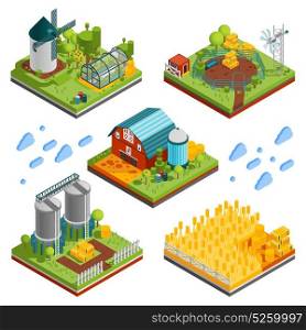 Rural Farm Landscape Elements. Farm rural buildings isometric compositions set with square segments of ranch reservation with plantations mills reservoirs vector illustration