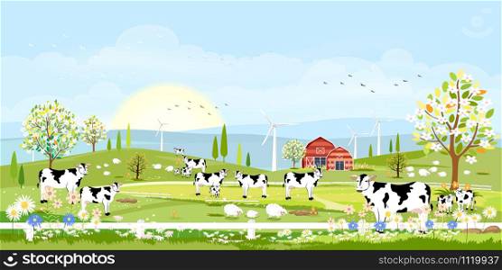 Rural farm landscape with green fields and barn animals cow, goats, sheep and windmills on hill with blue sky and clouds, Vector cartoon Spring or Summer landscape,Eco village or Organic farming in uk