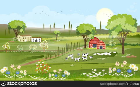 Rural farm landscape with green fields and barn animals cow, goats, sheep and windmills on hill with blue sky and clouds, Vector cartoon Spring or Summer landscape,Eco village or Organic farming in uk