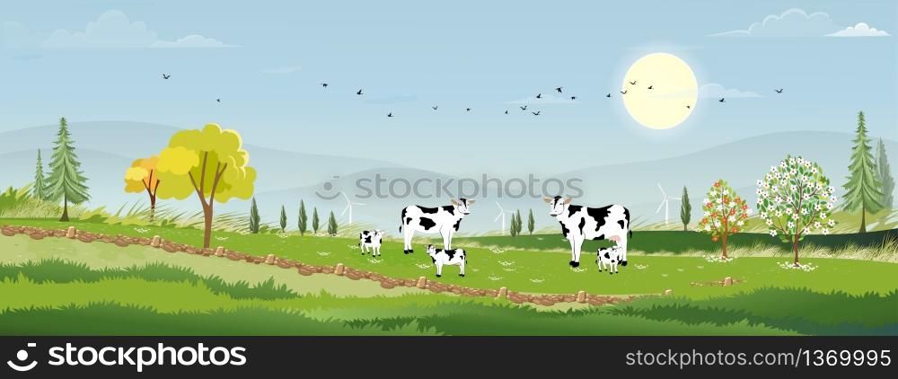 Rural farm lansdscape with green fields and barn animals cows, windmills on hill with blue sky and clouds, Vector cartoon Spring or Summer landscape, Eco village or Organic farming in uk